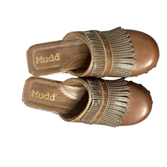 90s Y2K Vintage Mudd Chunky Platform Mule‎ Clogs 7.5 Faux Leather Fringe Studded - Picture 2 of 6